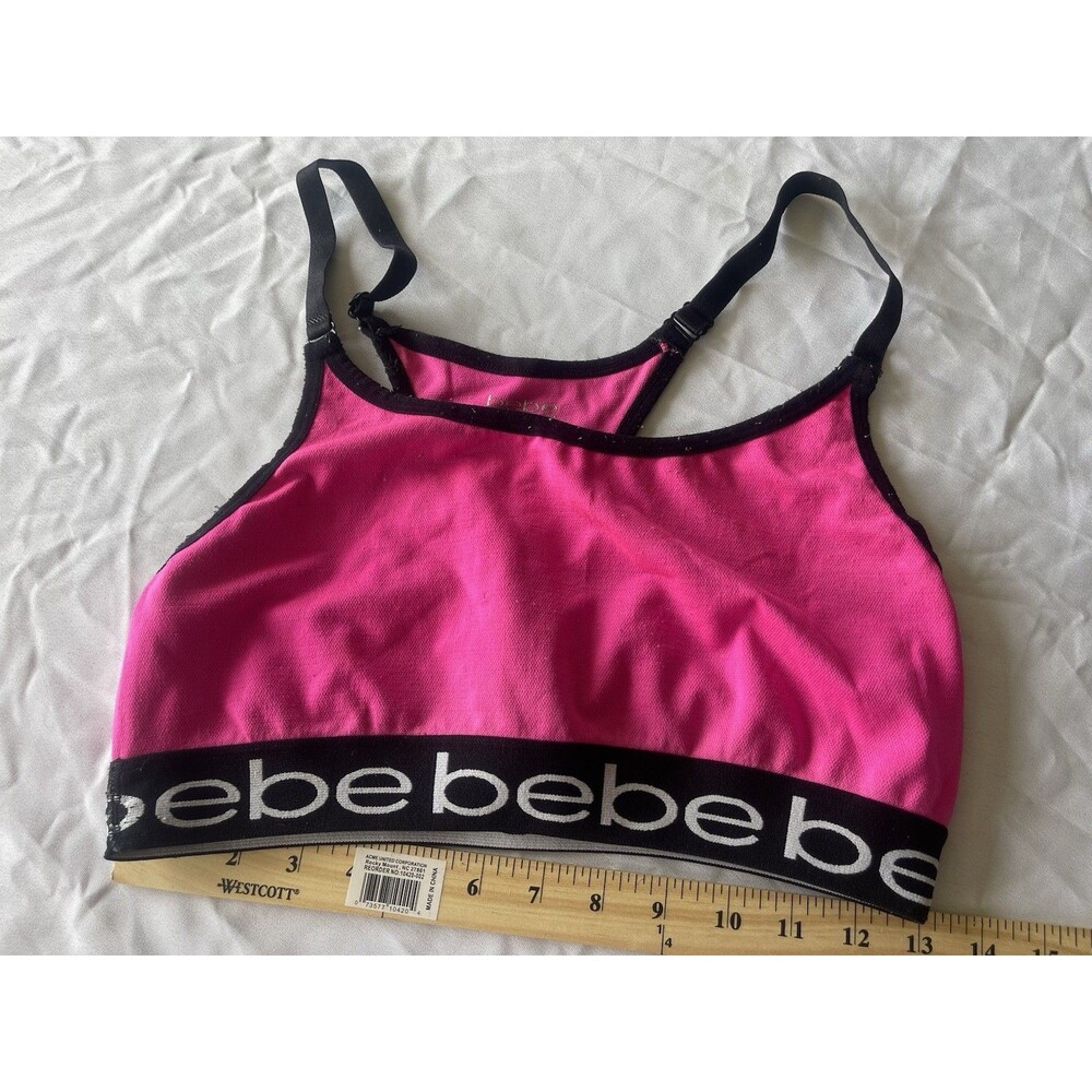 Bebe Sport Bra Hot Pink Logo Band Racerback Activewear Wireless Bralette L